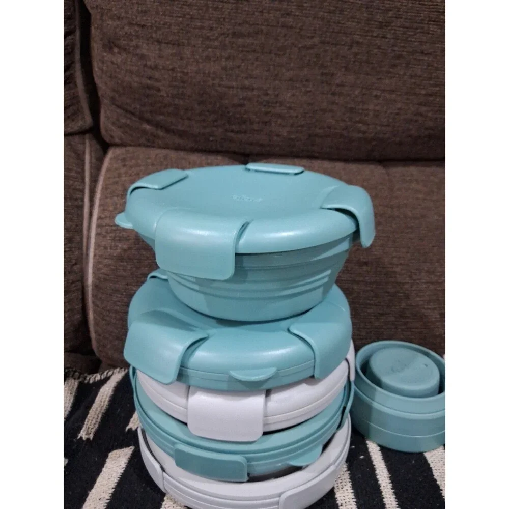 Stojo Bowls Collapsible Teal set of 5, W/ 2 Bonus Cups BPA Free